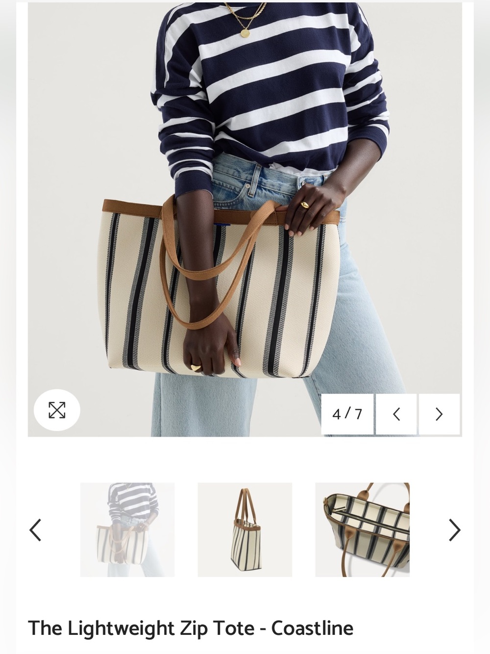 Rothy's Navy and Cream Striped Tote with Tan Handles